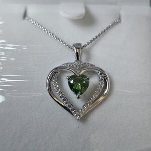White Gold Plated Heart Necklace with Green Gemstone